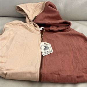 Easel Two-Tone Zip Hoodie in Cream & Dusty Rose Blush